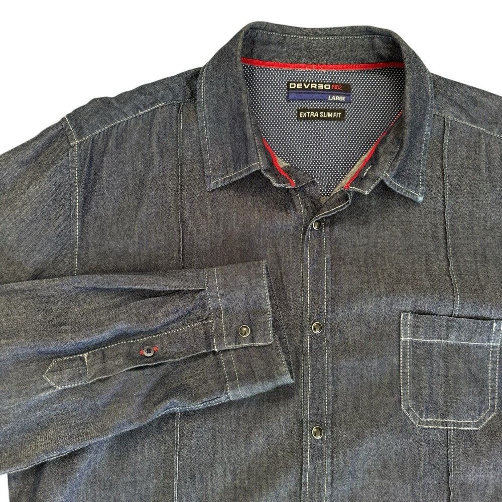 Devred 1902 Large Extra Slim Blue Denim Long Sleeve Button Snap Men's Shirt‎